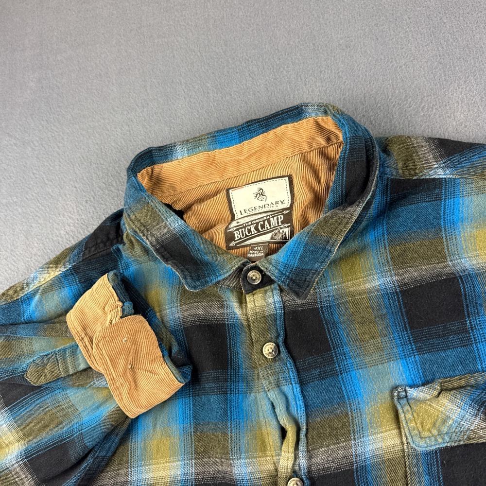 Legendary Whitetails Flannel Shirt Men's 4XL Blue Plaid Buck Camp Corduroy Trim